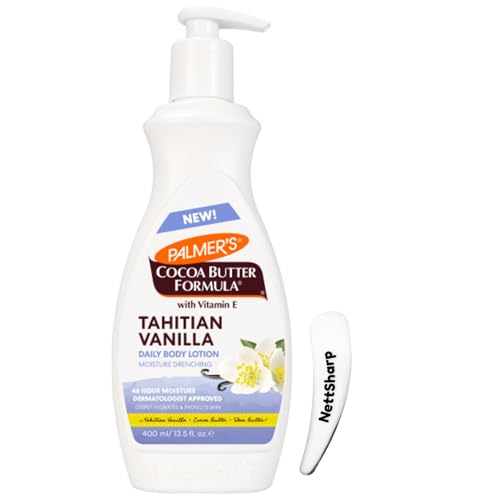 Palmers Cocoa Butter Formula Tahitian Vanilla Body Lotion with Vitamin E 400ml Intensely Hydrating Daily Moisturiser for All Skin Types- Nourishing Body Lotion for Soft Smooth Skin with spatula