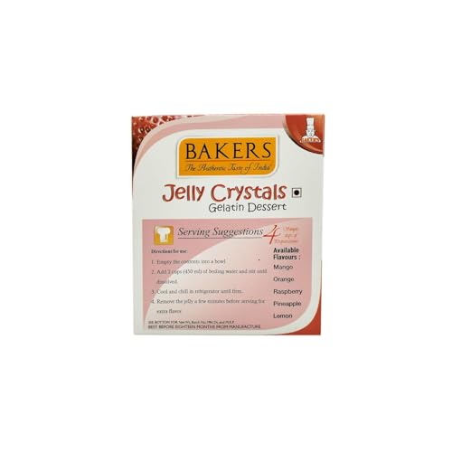 Image of BAKERS Jelly Crystals (Gelatin Dessert) | Strawberry Flavour | Authentic Strawberry Flavor | Easy-to-make | Instant Dessert Premix | No Sugar Needed | Pack of 4 (85 gm x 4)