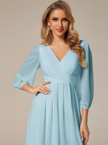 Image of Ever-Pretty Women's Chiffon V Neck Long Sleeves A-Line Midi Length Wedding Guest Dress Cocktail Party Formal Dresses 01926