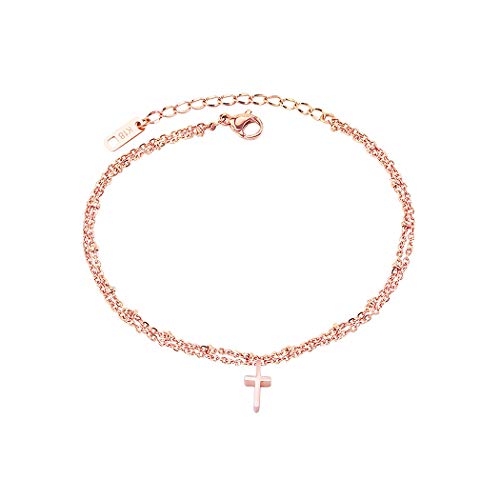 Rose Gold Ankle Bracelets For Women - Adjustable Dainty Layered Cross Anklet In Rosegold Perfect For Teen Girls,Ladies - Fashion Stainless Steel Layered Link Foot Jewellery #TOP26