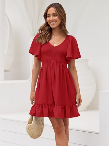 Image of LILLUSORY Women's Flowy Casual Mini Dresses 2026 Summer Graduation Smocked V Neck Vacation Dress Dress with Pockets