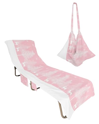 Christmas Snowflake Beach Chair Towel Covers for Chaise Lounge with Side Pocket, Soft Plush Pool Towels Cover for Patio Sunbathing Outdoor 29''x85'' Xmas Tree Animal Elk Pink