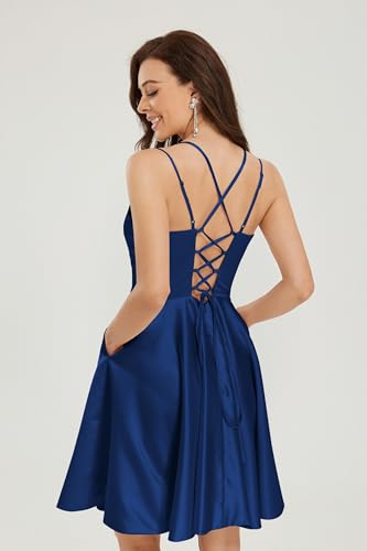 Short Homecoming Dress Satin with Pockets Spaghetti Strap Mini Built-in Bra Cocktail Dresses4