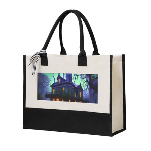 ZTPOWQA Bolsa de lona negra con estampado de mansión embrujada para mujer, gran capacidad, para playa, viajes, oficina, compras