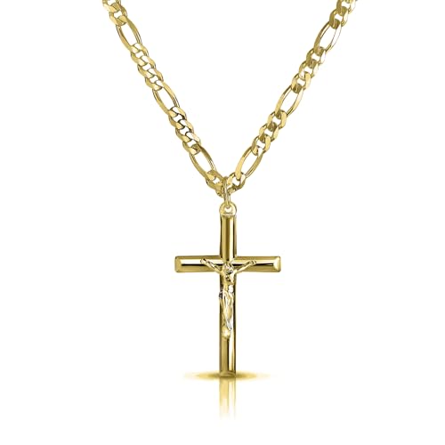 Verona Jewelers Men and Women 24" Stainless Steel 3.8MM Figaro Chain Necklace Crucifix Cross Pendant (Silver Color)3