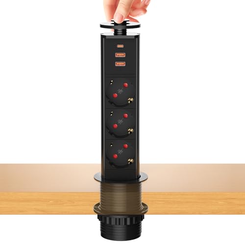 Multiprise Encastrable Bloc Prise Escamotable, Electrique 3 Prises avec USB C et 2 USB, Prise Plan de Travail Table, 4000W/16A, Ø 60mm Câble 1,8m - pour Cuisine Bureau...