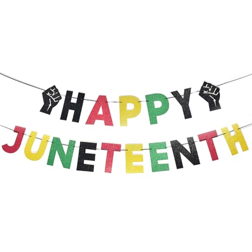 Image of Happy Juneteenth Banner - Pre-Strung Glitter Red Green Black Gold Garland with Fist Signs Honoring 1864 for Freedom Day Party, Juneteenth Celebration, African American Independence Decor, and Emancipation Day Decorations
