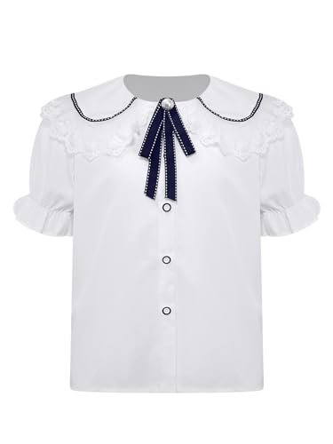 Aislor Kids Girls Lace Trim Collar School Uniform Shirts Short Puff Sleeve Button Down Shirts Top Dress Shirt Blouse - Main Image