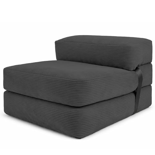 bananair - Sofá Cama 1 Plaza Convertible - Cama Individual Desfundable en Terciopelo Acanalado - Sillon Una Plaza, Futón Japonés Práctico y Confortable, Acolchado en Espuma (70 x 190 cm, Gris Oscuro)