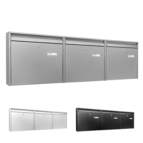 banjado Burg-Wächter Briefkastenanlage - Briefkasten 3 Parteien - Briefkästen Silber - Postkasten Mehrfamilienhaus - Briefkasten XXL mit Namensschild