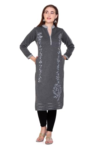 Image of Rosary Women's Winter Woolen Kurti Embroidered Straight Fit Ethnic Wear with 2 Side Pockets