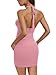 REORIA Women's Sexy Mini Dress Halter Sleeveless Backless Bodycon Criss Cross Ruched Short Dresses Party Night Club Outfits Pink Medium