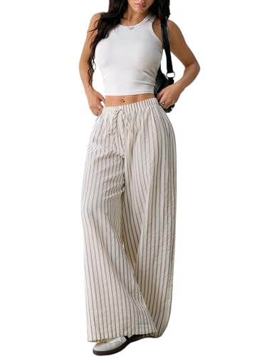 SOLY HUX Women's Striped Pants Tie Front Elastic Waist Wide Leg Pants Baggy Long Trousers