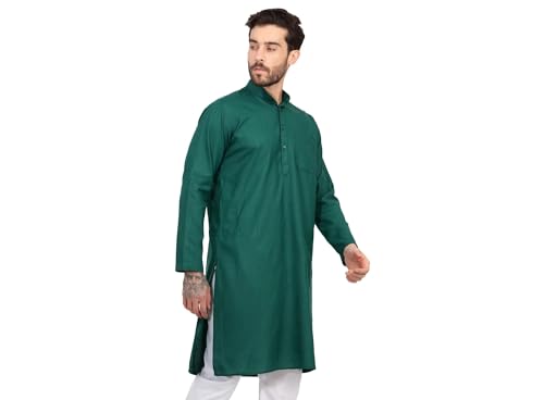 Image of Men's Cotton Blend Blend Knee Length Solid Color Style Stright Long Mandrin Collor Ethnic Casual Wear Kurta Only