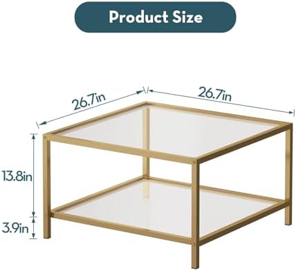 SAYGOER Glass Coffee Table with Storage 2-Tier Square Glass Center Table for Living Room Home Office with Gold Metal Frame Modern Table for Small Spaces