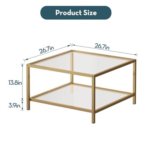 SAYGOER Glass Coffee Table with Storage 2-Tier Square Glass Center Table for Living Room Home Office with Gold Metal Frame Modern Table for Small Spaces