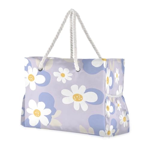 Beach Bag - Large Tote Bags for Women White Flower Pattern Purple Shoulder Bags Zipper Waterproof Sandproof for Travel Gym Swim Daily