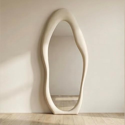 Image of The Artment Fluid Reflection Unbreakable Full-Length Asymmetrical Shape Mirror with Plush Velvet Beige Color Frame, Floor-Standing or wall-Leaning Design for Bedroom & Dressing Area (160 X 60 CM)