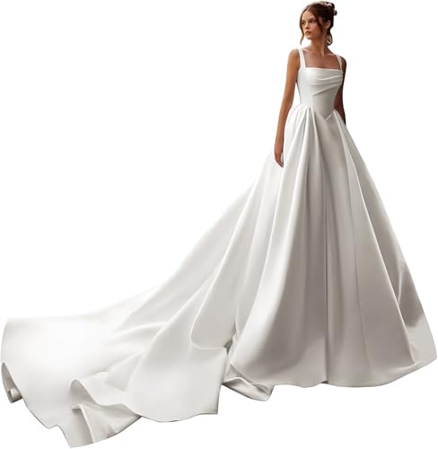 HAIBFJIN Robe de mariée en satin - Robe de mariée blanche avec traîne - Robe de mariée sans bretelles pour femme - Élégante robe de mariage, ivoire/E, 48