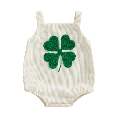 St Patricks Day Baby Boy Girl Outfit Newborn Clover Embroidery Romper Overalls Sleeveless Corduroy Bodysuit Jumpsuit