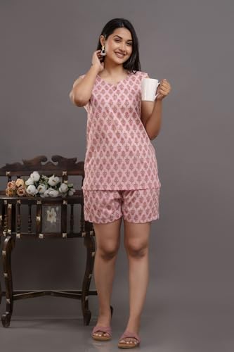 Image of Women's Cotton Printed Night Suit Set of Top & Shorts Sleeveless Women's Lounge Wear Set