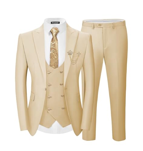 SPTALLFITJSV 3 Piece Suit Men Champagne Mens Double Breasted Blazer Tuxedo Suits Set for Formal Wedding Business Prom Party Size X-Large