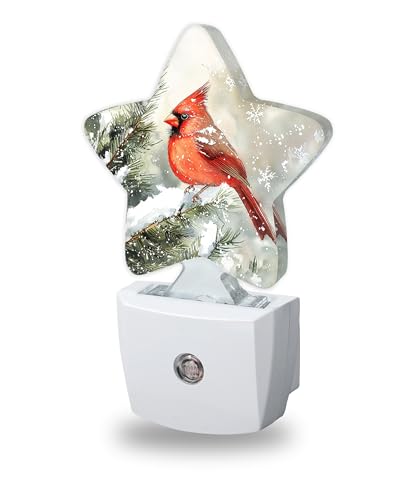 Image of Cardinal Bird Decorative Nightlight Plug in Wall,Christmas Star Shaped Night Light with Built in Sensor for Home Decor,Kitchen Hallway Stairs Desk Lamp