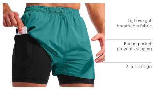 Image of Pudolla Men's 2 in 1 Running Shorts 5 inch Quick Dry Gym Athletic Workout Shorts for Men with Phone Pockets