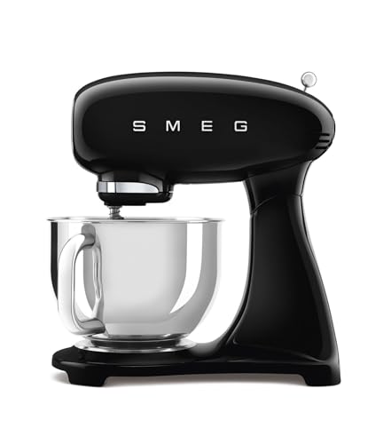 Smeg, Robot Pâtissier SMF03BLEU, 10 Niveaux de Vitesse, Fonction Mise en Marche Progressive, Bol 4,8 L, Verrouillage Moteur de Sécurité, 3 Batteurs, Crochet et Couvercle Fournis, 800W, Noir
