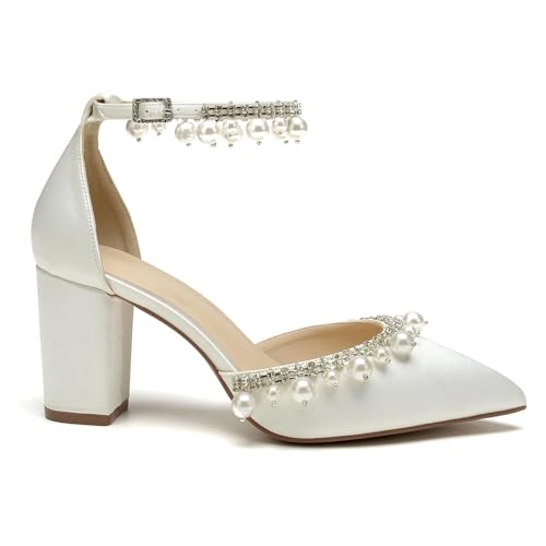Women's Satin Closed Pointed Toe High Heels Wedding Shoes for Bride with Ankle Strap Rhinestone Chunky Heels Formal Evening Prom Party Dress Shoes Pumps3
