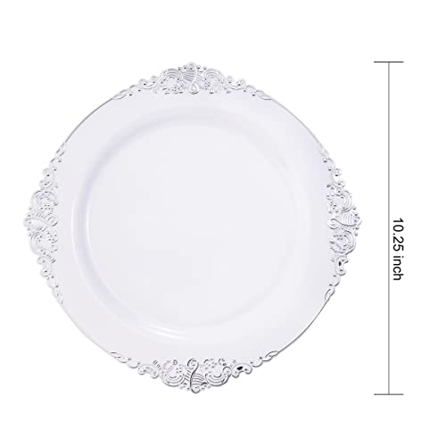 Hioasis 100Pcs Silver Plastic Plates & White With Silver Disposable Plates & 10.25Inch Silver Disposable Dinner Plates-Perfect For Christmas & Wedding & Party #TOP1