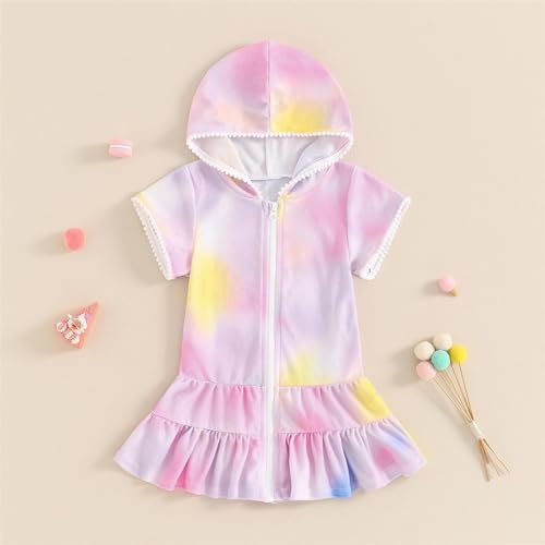 Toddler Swim Cover Up Girls Kids Summer Swimsuit Coverups Beach Pool Short Sleeve Zipper Hooded Flowy Ruffle Dresses4