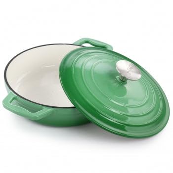 2 Quart Round Enameled Cast Iron Braiser Pan in Green2 Quart Round Enameled Cast Iron Braiser Pan in Green