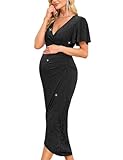 AISWI 2025 Maternity Sparkly Wrap Dress V Neck Ruffle Sleeves Semi Formal Baby Shower Photoshoot Party Pregnancy Dresses, Sparkly Black, Small
