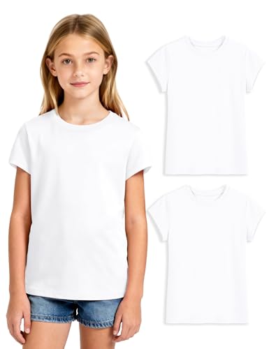 Auranso Mädchen T-Shirt Kurzarm Tops Baumwolle Kinder Sommer Kurz Tees Lässige Basic Oberteile Weiß Blickdicht Kid Tshirt Rundhals Teenager Sportshirt