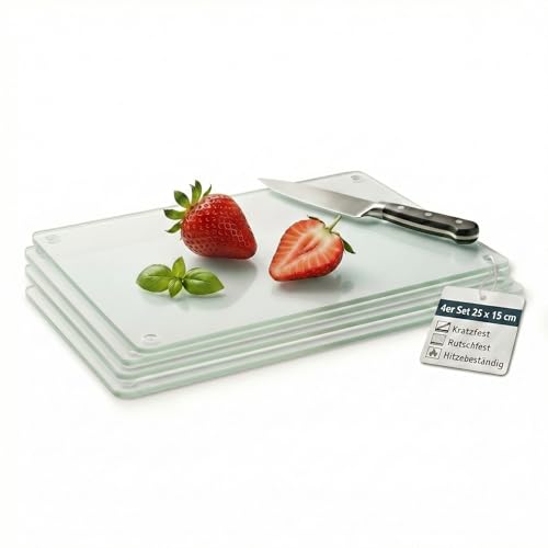 getgastro 4er Set Glasschneidebrett 25x15 cm DURCHSICHTIG KLAR Schneidebrett Glas Herdabdeckplatte Küchenbrett Glas Glasplatte Küche Cutting Board Schneidebrett hitzebeständige Glasplatte