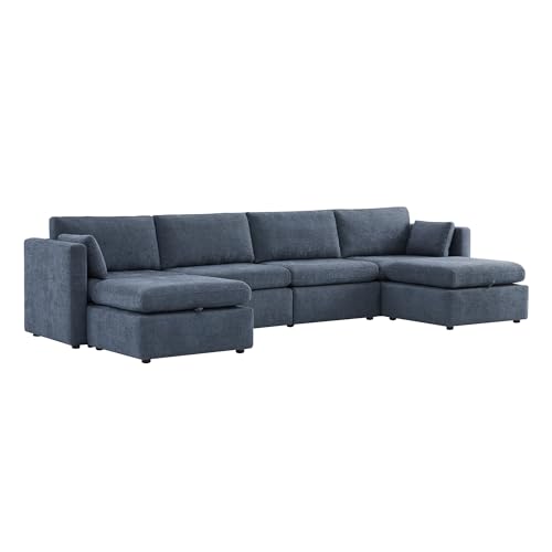 CHITA Oversized Modular Sectional Fabric Sofa Set, FSC Certified Extra Large U Shaped Couch Reversible Chaise Modular Sectional Couch,146 inch Width,6 Seat Modular Sofa with Storage Ottomans, Blue