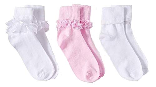 Wonder Nation Little Girls 3 pk Turn Cuff Ruffle Ankle Socks (Medium - Shoe size 10 1/2-4)