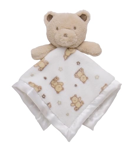Plush Rattle Baby Snuggle Blanket with Satin, Bear Print, Tan Teddy Bear Toy (14 inch)