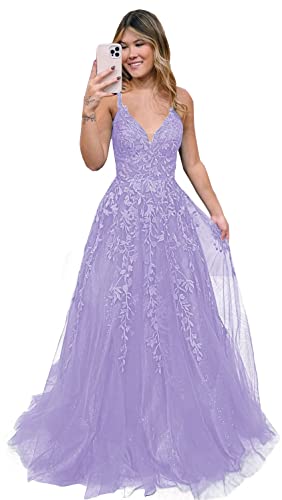 Robe de soirée longue de créateur en tulle col en V lavande taille 38