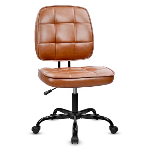 Image of CLATINA Armless Home Office Chair with Lumbar Support and Wheels, Small PU Leather Ergonomic Low Back Desk Chairs No Arms, Adjustable Height 360 Swivel Rolling Computer Task Chair, Brown