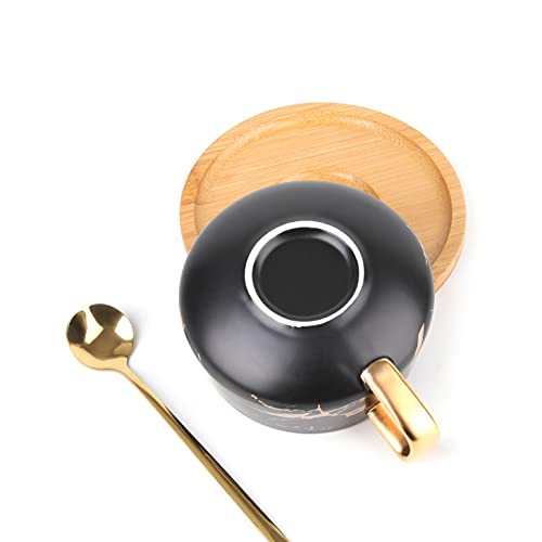 Peohud 2 Pack Ceramic Tea Cup and Saucer Sets, 300ml Marble Flat Cappuccino Mugs, Porcelain Coffee Mug with Spoon and Bamboo Saucer, Marble Espresso Cups for Latte, Americano, White and Black - Image 5
