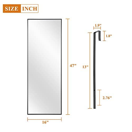 Image of NeuType Over The Door Mirror Full Length Mirror Hanging Over Door or Leaning Against Wall or Mounted On Wall, Aluminum Alloy Frame, Metal Hanger, 47 inchx16 inch, Black