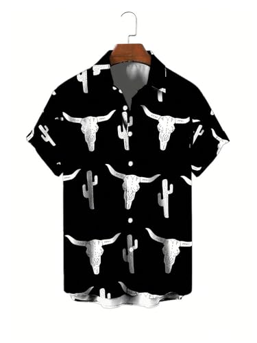 WDIRARA Men's Cow Print Button Front Summer Casual Shirts Colorblock Short Sleeve Collared Neck Shirts3