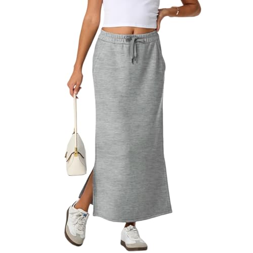 Gumipy Women's Casual Maxi Skirt High Waisted Drawstring Long Skirts Fall Fashion Side Slit Skirt Loose Plain Women's Skirts with Pockets Going Out Travel Outfits 2026 Trendy Womens-Skirt