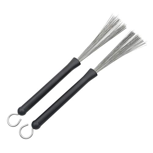 Retractable Black Rubber Handles Loop End Metal Wire Drum Brushes Sticks Pack of 2