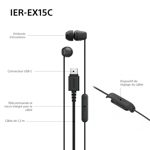 Sony IER-EX15C avec Micro – Écouteurs filaires USB-C pour Android, iPhone, Ordinateur Portable et PC – Câble Anti-enchevêtrement – Parfaits pour Les Voyages et Une Utilisation Quotidienne – Noir