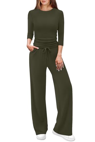 WIHOLL 2 Piece Lounge Sets for Women Summer Vacation Outfits 3/4 Sleeve Tops with Side Ruched Wide Leg Pants Matching Sets