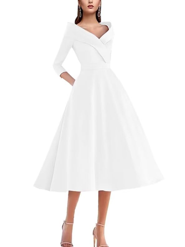 Women's Elegant A Line Satin Mother of The Bride Dress V Neck 3/4 Sleeve Wedding Guest Dresses with Pleat