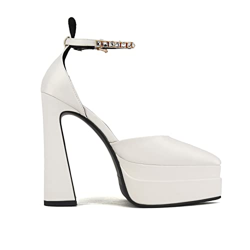 Arqa Women's Platform Heel Pumps Rhinestone Ankle Strap Pointed Toe High Heels Satin Silk Platforms Dress Wedding Shoes2